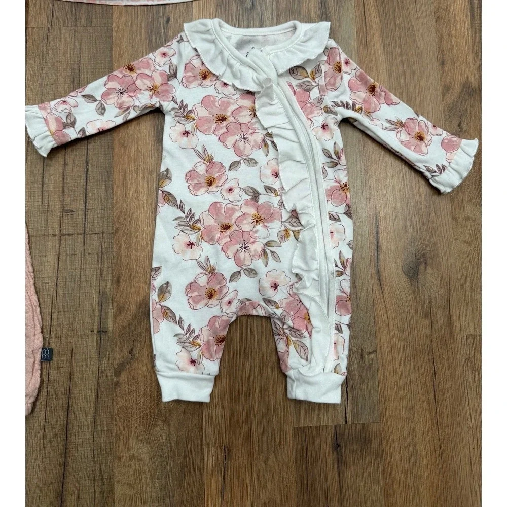Baby Girls 3-Piece Outfit Bundle 0-3M Pink Floral Romper‎ Dress Muslin Jumpsuit